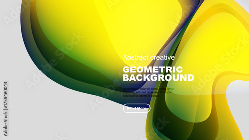 Abstract yellow, black shapes create dynamic geometric background. Text invites viewers to explore further details.