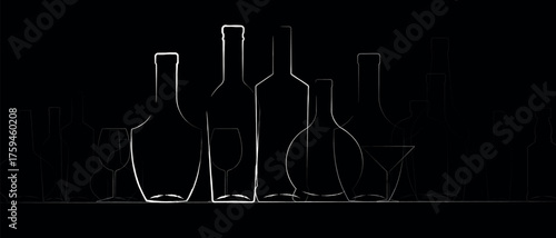 Set of alcohol bottles, line art, outline image of a wine bottle, rum, cognac, hand-drawn vector, brush, and chalk. Poster for a wine bar, alcohol menu, restaurant, drink party, sommelier, tasting