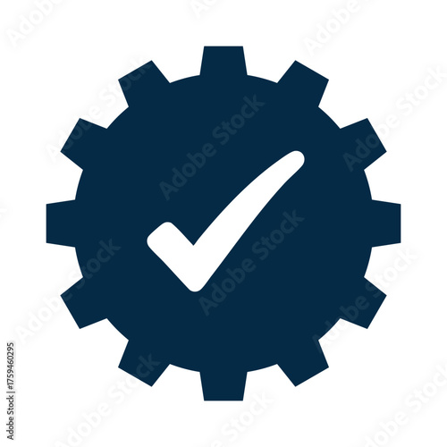 A dark blue cogwheel (gear) icon with a white checkmark (tick) in the center, isolated on a white background. This symbol signifies successful settings, process completion, quality assurance, system