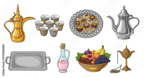 A collection of traditional Middle Eastern food and drink serving items, including coffee pots, cups, and platters