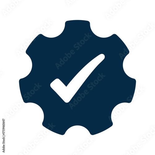 A dark blue cogwheel (gear) icon with a white checkmark (tick) in the center, isolated on a white background. This symbol signifies successful settings, process completion, quality assurance, system
