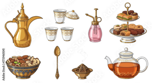 Traditional Arabic Coffee Set with Sweets and Nuts