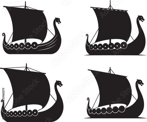 Four viking longship silhouettes with sails and oars