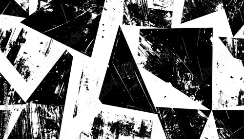 Abstract black white geometric grunge pattern featuring sharp angles, distressed textures, edgy shapes, and bold visual contrasts for modern backgrounds.