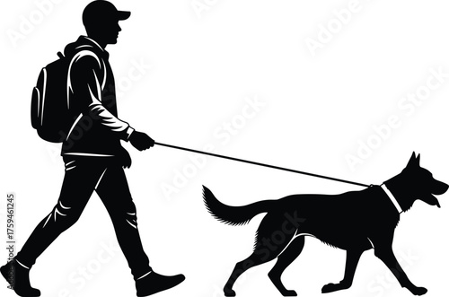 Man walking dog on leash silhouette, outdoor pet care activity, urban lifestyle design, black and white cad drawing flat vector illustration, minimalist animal walking scene