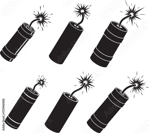 Six dynamite sticks with burning fuses silhouette