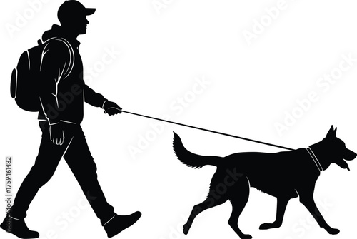 Man walking dog silhouette, outdoor activity, pet owner lifestyle, black vector art, simple minimalist design, CAD drawing flat vector illustration, modern artwork