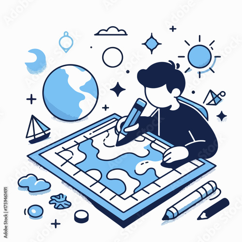 Illustration of a man drawing a map