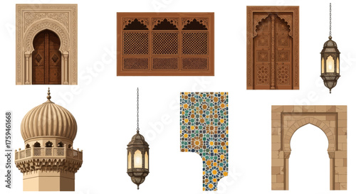 Collection of Islamic architectural elements including arches, windows, and lanterns