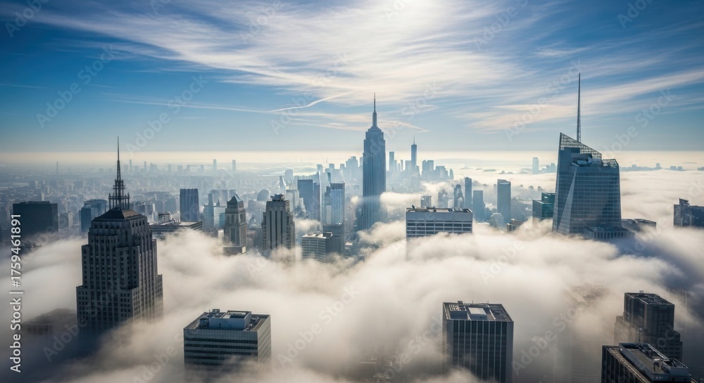 Obraz premium Majestic cityscape emerges from clouds under bright sunlight