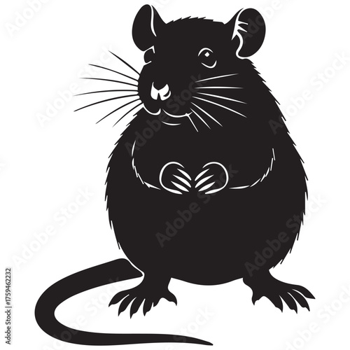 Stylized black silhouette of a plump mouse with detailed whiskers