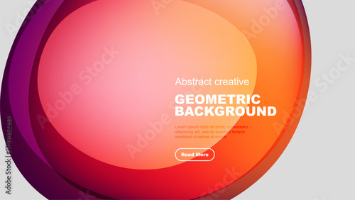 Abstract geometric background features vibrant color gradients. Text overlay includes sample content, button for more information.