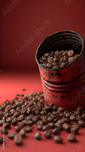 Rustic red metal container filled with roasted coffee beans on red background