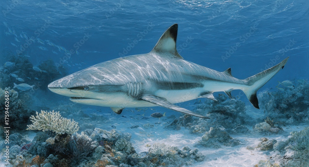 Fototapeta premium In-depth Portrait of the Blacktip Shark in its Tropical Reef Habitat