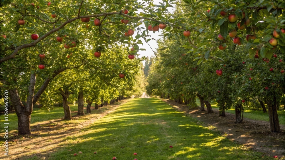 Naklejka premium harvest festival for mindfulness Lush orchard with apple trees lining a sunlit path, showcasing ripe fruit and green grass.
