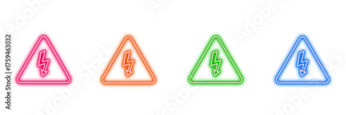 Neon glowing lightning bolt vector icons set, warning, hazard, electricity, energy, power, vibrant colorful digital design illustration on transparent background.