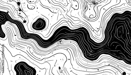 Abstract black and white topography lines create a modern artistic pattern reminiscent of geological contour mapping for backgrounds or creative design projects.