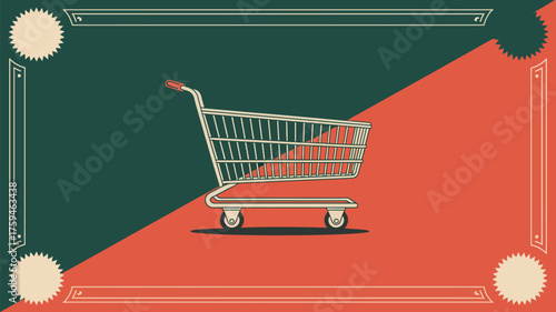 A shopping cart illustration with a split background and decorative border in a vintage style design
