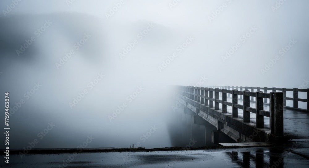 Fototapeta premium A wooden pedestrian bridge disappears into a thick, swirling fog, with reflections visible on the wet surface, evoking a sense of isolation and mystery