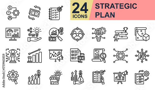 Strategic Plan Icons set vector illustration. Containing Cash Flow, KPI Dashboard, Opportunity, Target Audience, Business Growth and more. Simple line icons collection.