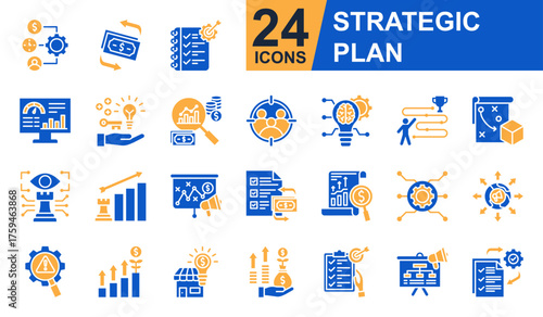 Strategic Plan Icons set vector illustration. Containing Cash Flow, KPI Dashboard, Opportunity, Target Audience, Business Growth and more. Simple solid icons collection.