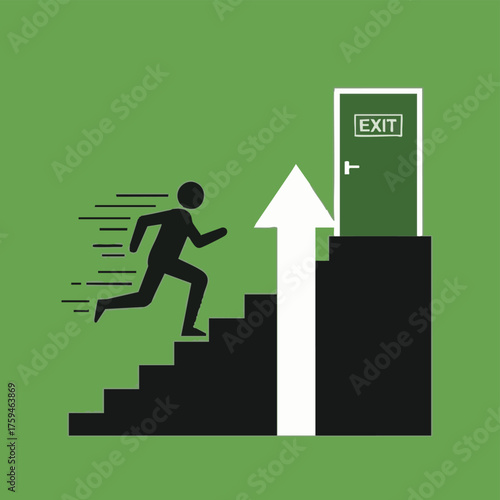 A person runs up stairs towards an exit door, symbolizing progress, achievement, and overcoming obstacles to reach a goal.