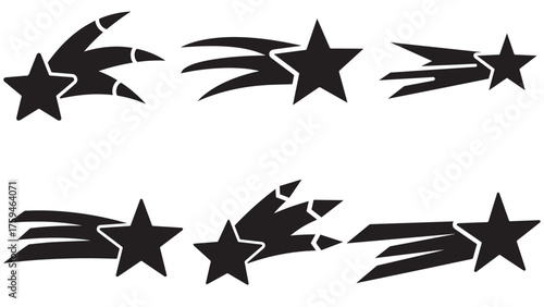 Shooting Star silhouette with five-point tip and dual taper trails, sleek black celestial icon for night sky wishes, space graphics, and festive sparkle
