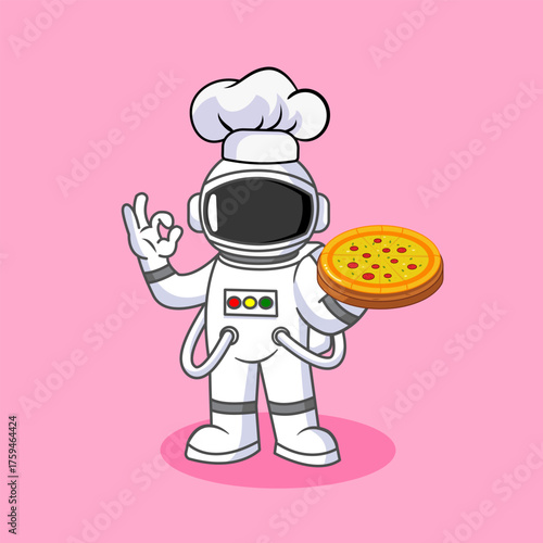 Astronaut Chef Serving Delicious Pizza in Space Vector Illustration Cartoon Design
