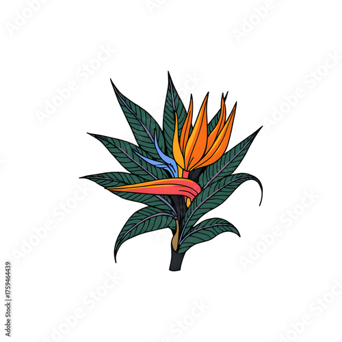 Bird of Paradise foliage, depicted as intricate stained glass mosaic, with thick black outlines and vibrant jewel tones