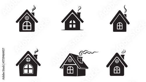 Christmas Village House silhouette with gable roof, window cross cut-out, and smoke curl, minimal black winter home icon for cozy holiday scenes