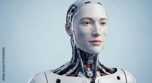 Realistic humanoid robot with intricate mechanical details and human like features