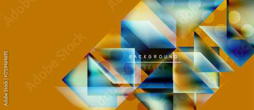 Abstract geometric shapes overlap, creating vibrant color gradients. Orange background contrasts with blue, green hues. Modern design element.