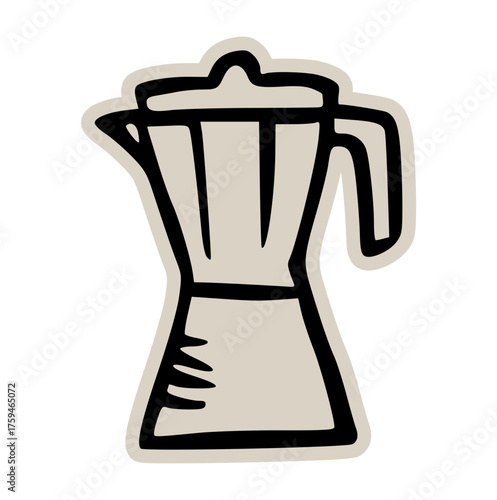 Italian moka pot espresso maker doodle sticker icon: hand drawn illustration of coffee brewing equipment for cafe and kitchen design