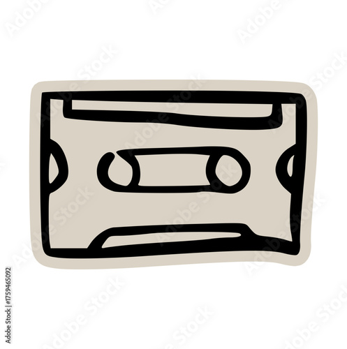 Retro cassette tape doodle sticker icon: hand drawn illustration of vintage music media, audio recording, and 80s 90s pop culture design