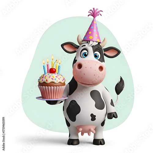 3d illustration of cartoon cow wearing party hat with birthday cupcake isolated on white background