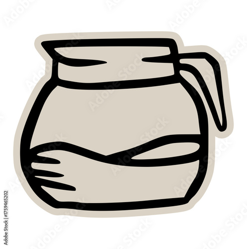 Coffee pot carafe doodle sticker icon: hand drawn illustration of glass decanter for fresh brewed coffee, cafe, and breakfast design