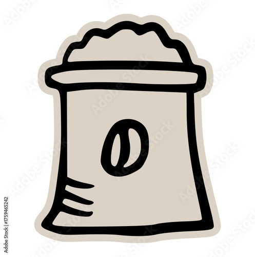 Coffee bean sack doodle sticker icon: hand drawn illustration of wholesale roasted coffee bag for cafe, packaging, and raw ingredient design