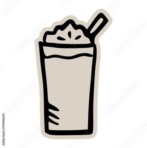 Frappe or milkshake scrapbook doodle sticker icon: hand drawn illustration of cold coffee drink with whipped cream and straw for cafe and menu design