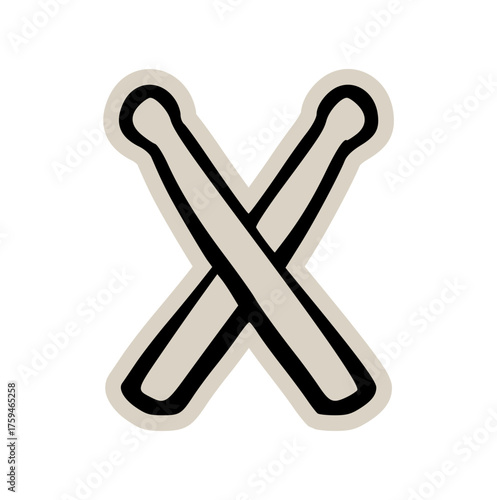 Crossed drumsticks doodle sticker icon: hand drawn illustration of percussion instrument for music, rock band, and live concert design