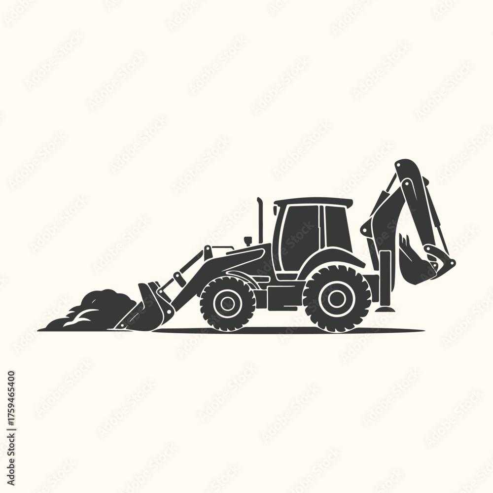 Naklejka premium Vector art of backhoe loader digging dirt with front loader and excavator arm, isolated on light background
