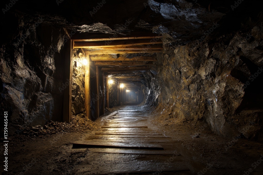 Obraz premium Mysterious Mine Tunnel: Dark and Eerie Underground Passage in an Abandoned Coal Mine
