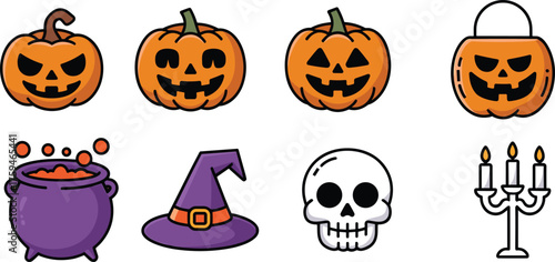 Selection of Halloween icons: carved pumpkins, bubbling cauldron, witch hat, skull, and candelabra illustrations