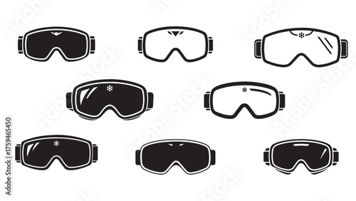 Ski Goggles silhouette with single lens shape, strap tabs, and snowflake notch, modern black alpine gear icon for winter sport safety graphics