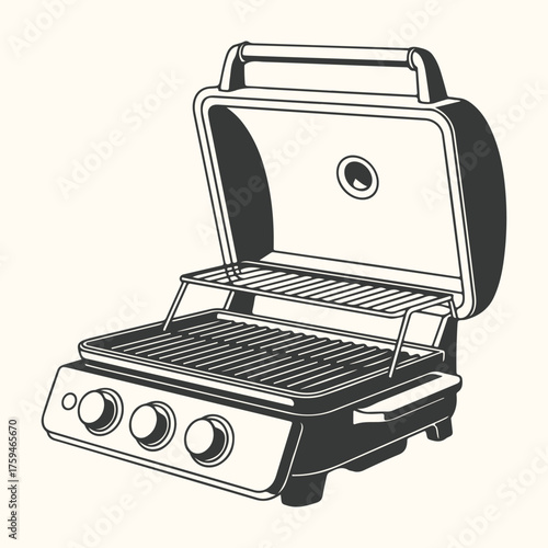 Illustration of an open barbecue grill with three control knobs and a warming rack, isolated on a cream background