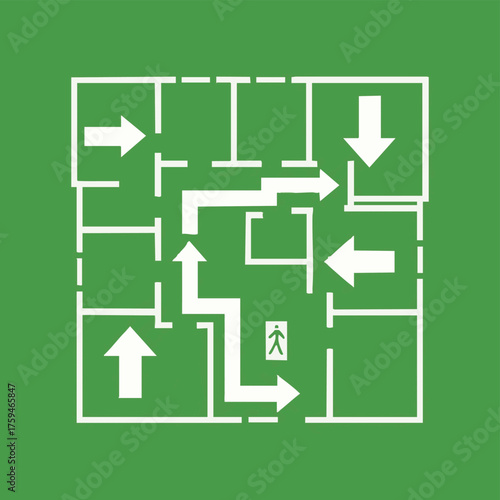 A clear white emergency evacuation plan with directional arrows on a vibrant green background, illustrating a safe exit route through a building layout.