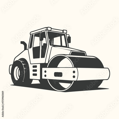 Illustration of a steamroller, a heavy construction vehicle used for compacting roads and surfaces, isolated on a light background