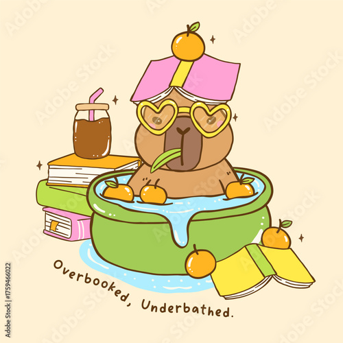 Cute Capybara Bookish TBR Vibe in Bath with Stack books, Animal Reading Cartoon Hand Drawn Illustration