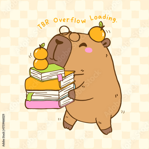 Cute Capybara Bookish TBR Vibe Carrying Stack books, Animal Reading Cartoon Hand Drawn Illustration