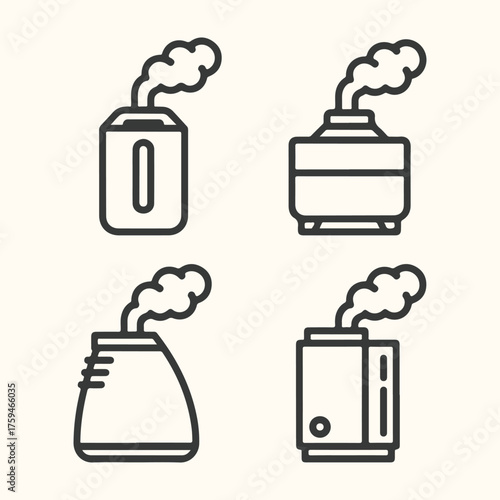 Vector art of set of four line art icons representing different types of humidifiers and diffusers emitting steam or vapor