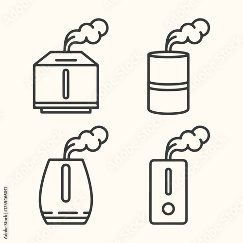 Vector art of set of four line art icons representing different types of humidifiers emitting steam, isolated on a light background